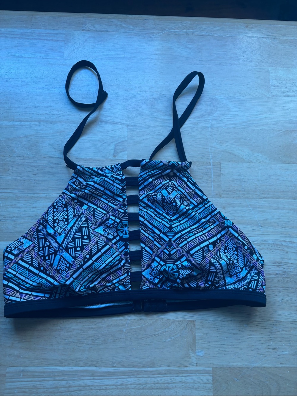 Geometric Strappy High-Neck Bikini Top - Black, Teal & Pink
